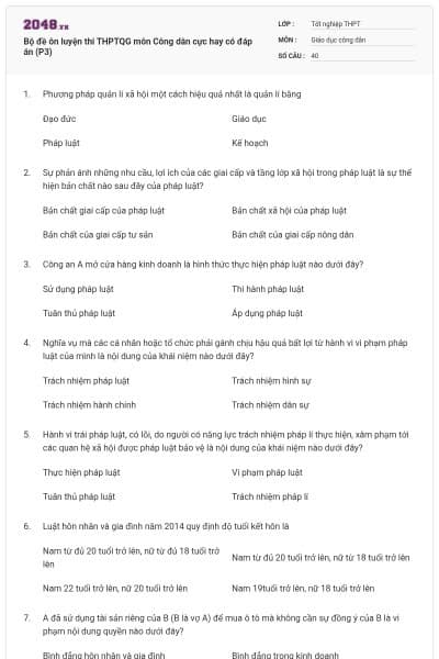 Bộ đề ôn luyện thi THPTQG môn Công dân cực hay có đáp án (P3)