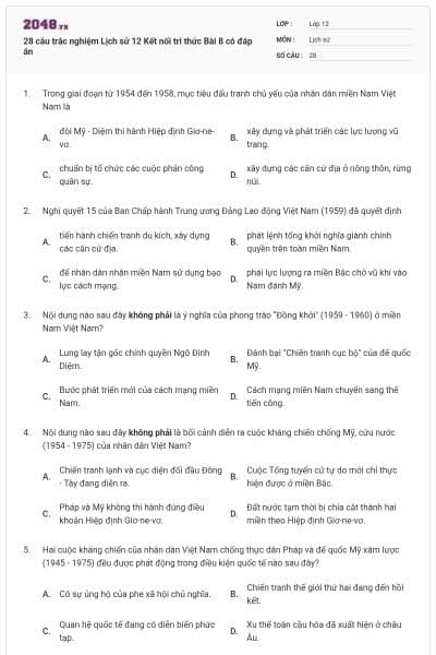 28 câu trắc nghiệm Lịch sử 12 Kết nối tri thức Bài 8 có đáp án