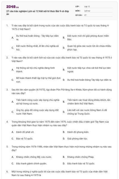27 câu trắc nghiệm Lịch sử 12 Kết nối tri thức Bài 9 có đáp án