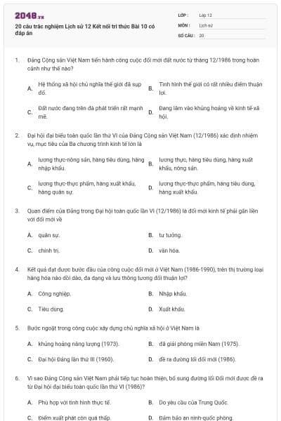 20 câu trắc nghiệm Lịch sử 12 Kết nối tri thức Bài 10 có đáp án