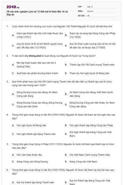 28 câu trắc nghiệm Lịch sử 12 Kết nối tri thức Bài 16 có đáp án
