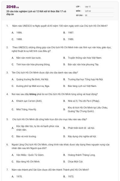 20 câu trắc nghiệm Lịch sử 12 Kết nối tri thức Bài 17 có đáp án
