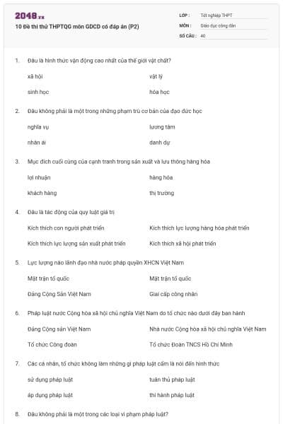 10 Đề thi thử THPTQG môn GDCD có đáp án (P2)