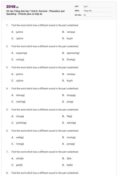 20 câu Tiếng Anh lớp 7 Unit 6: Survival - Phonetics and Speaking - Friends plus có đáp án