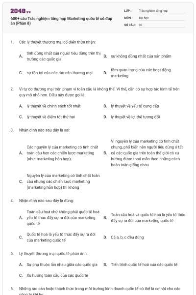 600+ câu Trắc nghiệm tổng hợp Marketing quốc tế có đáp án (Phần 8)