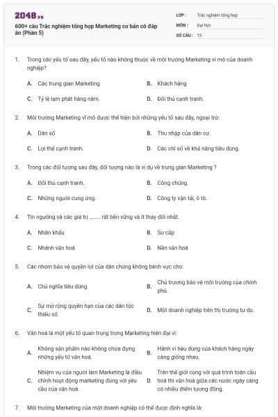 600+ câu Trắc nghiệm tổng hợp Marketing cơ bản có đáp án (Phần 5)