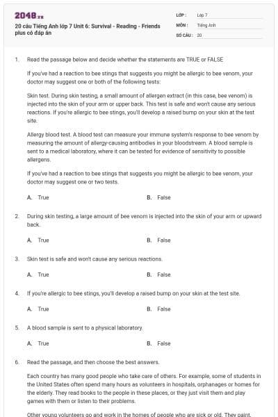 20 câu Tiếng Anh lớp 7 Unit 6: Survival - Reading - Friends plus có đáp án