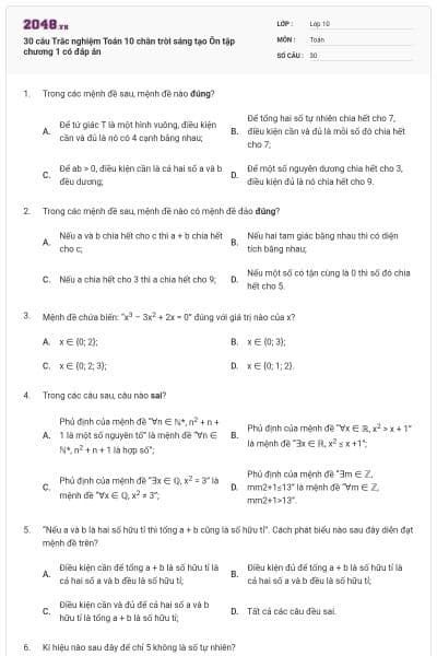 30 câu Trắc nghiệm Toán 10 chân trời sáng tạo Ôn tập chương 1 có đáp án