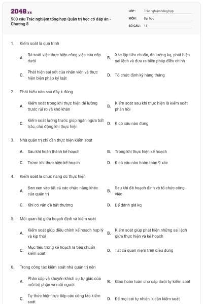 500 câu Trắc nghiệm tổng hợp Quản trị học có đáp án - Chương 8