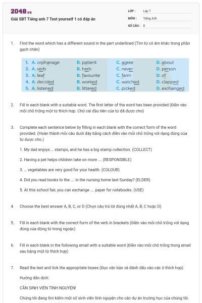 Giải SBT Tiếng anh 7 Test yourself 1 có đáp án