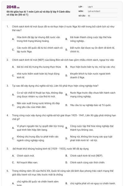 Đề thi giữa học kì 1 môn Lịch sử và Địa lý lớp 9 Cánh diều có đáp án (Đề số 1)