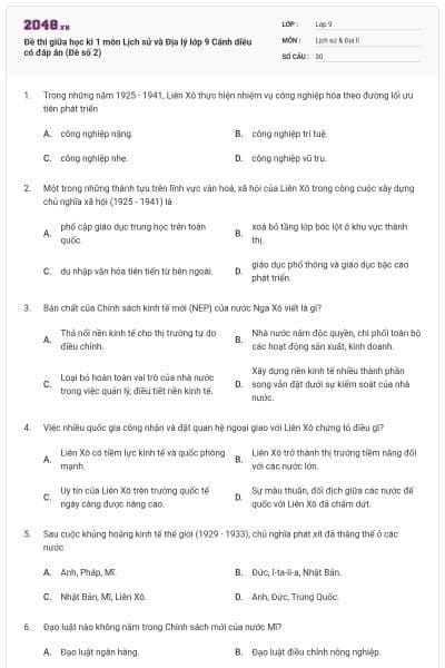 Đề thi giữa học kì 1 môn Lịch sử và Địa lý lớp 9 Cánh diều có đáp án (Đề số 2)