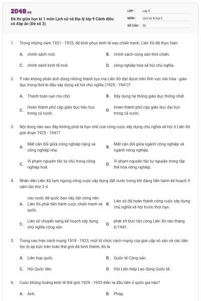 Đề thi giữa học kì 1 môn Lịch sử và Địa lý lớp 9 Cánh diều có đáp án (Đề số 3)