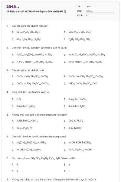 Đề kiểm tra cuối kì 2 Hóa 8 có đáp án (Mới nhất) (Đề 6)