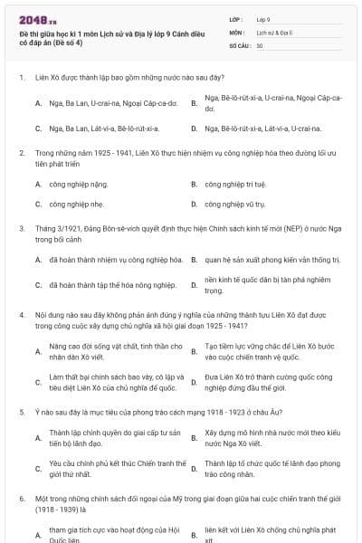Đề thi giữa học kì 1 môn Lịch sử và Địa lý lớp 9 Cánh diều có đáp án (Đề số 4)