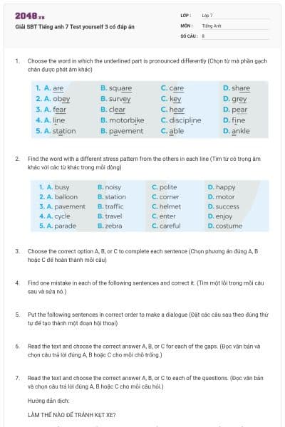Giải SBT Tiếng anh 7 Test yourself 3 có đáp án