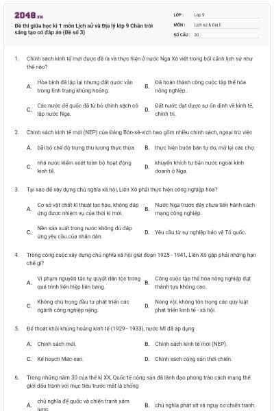 Đề thi giữa học kì 1 môn Lịch sử và Địa lý lớp 9 Chân trời sáng tạo có đáp án (Đề số 3)