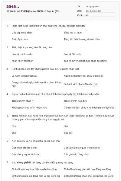 10 Đề thi thử THPTQG môn GDCD có đáp án (P3)