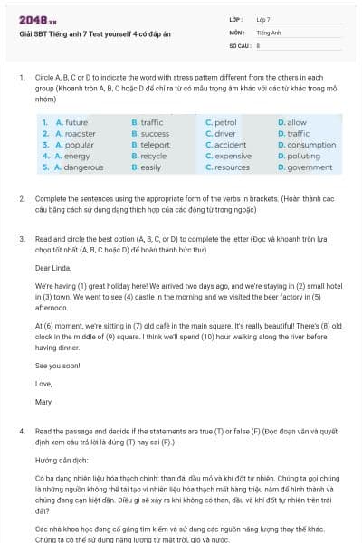 Giải SBT Tiếng anh 7 Test yourself 4 có đáp án
