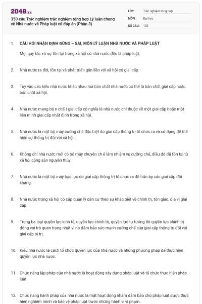 350 câu Trắc nghiệm trắc nghiệm tổng hợp Lý luận chung về Nhà nước và Pháp luật có đáp án (Phần 3)