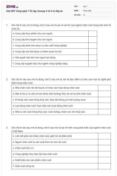 Giải SBT Công nghệ 7 Ôn tập chương 4 và 5 có đáp án