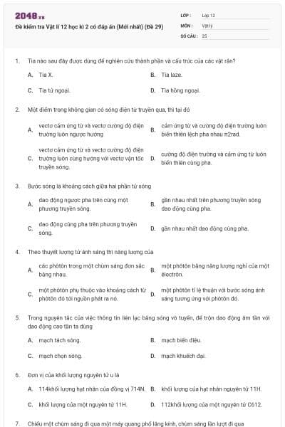 Đề kiểm tra Vật lí 12 học kì 2 có đáp án (Mới nhất) (Đề 29)