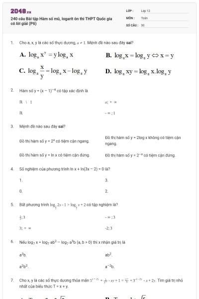 240 câu Bài tập Hàm số mũ, logarit ôn thi THPT Quốc gia có lời giải (P6)