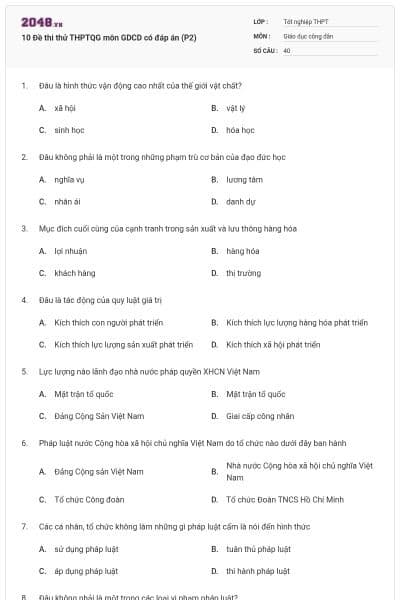 10 Đề thi thử THPTQG môn GDCD có đáp án (P2)