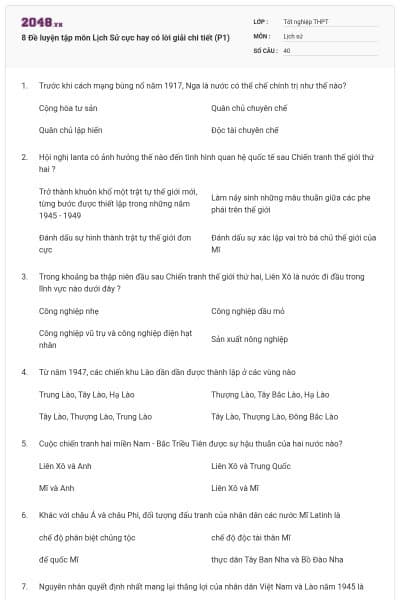 8 Đề luyện tập môn Lịch Sử cực hay có lời giải chi tiết (P1)
