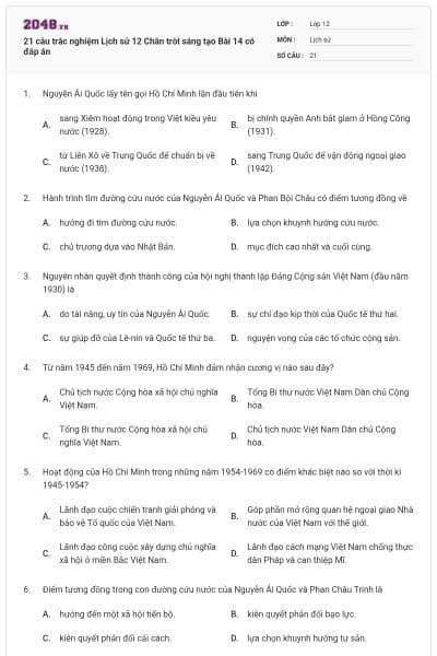 21 câu trắc nghiệm Lịch sử 12 Chân trời sáng tạo Bài 14 có đáp án