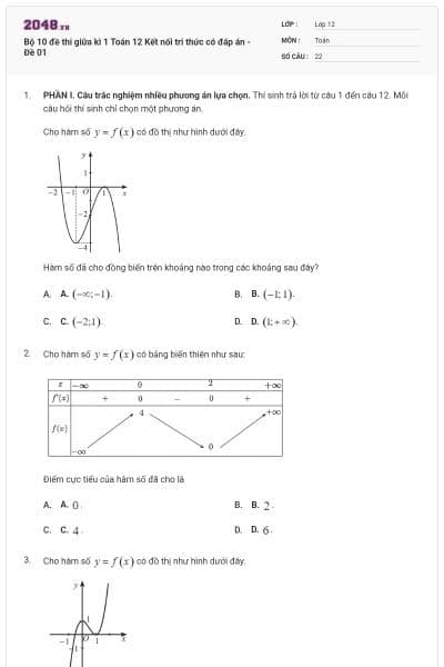 Bộ 10 đề thi giữa kì 1 Toán 12 Kết nối tri thức có đáp án - Đề 01