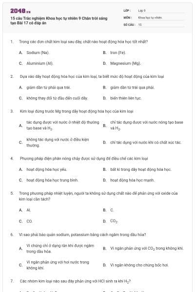15 câu Trắc nghiệm Khoa học tự nhiên 9 Chân trời sáng tạo Bài 17 có đáp án