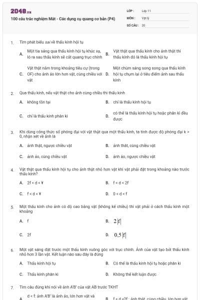 100 câu trắc nghiệm Mắt - Các dụng cụ quang cơ bản (P4)