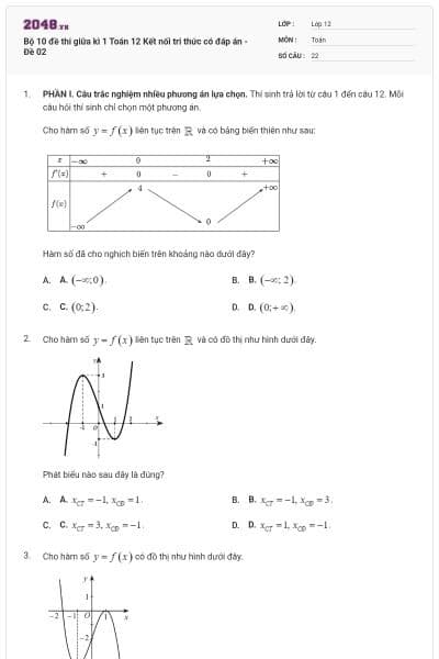 Bộ 10 đề thi giữa kì 1 Toán 12 Kết nối tri thức có đáp án - Đề 02