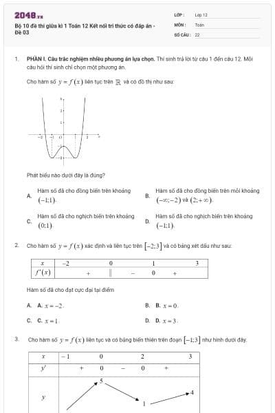 Bộ 10 đề thi giữa kì 1 Toán 12 Kết nối tri thức có đáp án - Đề 03