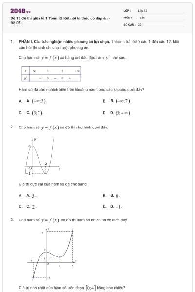 Bộ 10 đề thi giữa kì 1 Toán 12 Kết nối tri thức có đáp án - Đề 05