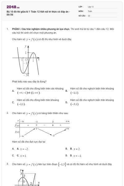 Bộ 10 đề thi giữa kì 1 Toán 12 Kết nối tri thức có đáp án - Đề 06