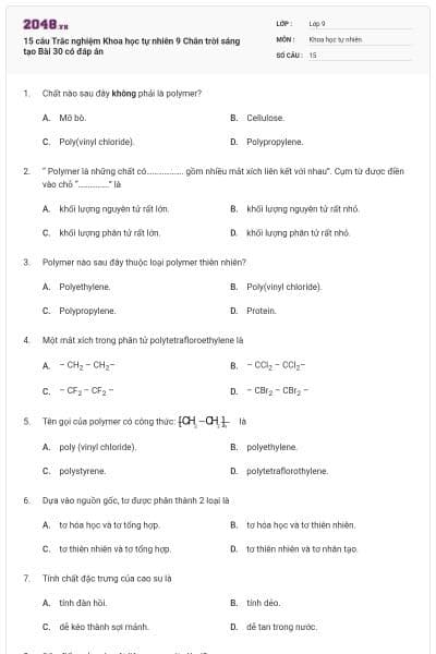 15 câu Trắc nghiệm Khoa học tự nhiên 9 Chân trời sáng tạo Bài 30 có đáp án