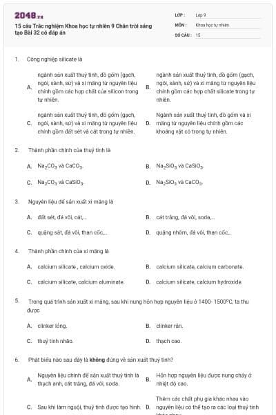 15 câu Trắc nghiệm Khoa học tự nhiên 9 Chân trời sáng tạo Bài 32 có đáp án