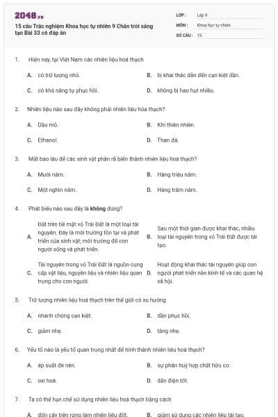 15 câu Trắc nghiệm Khoa học tự nhiên 9 Chân trời sáng tạo Bài 33 có đáp án