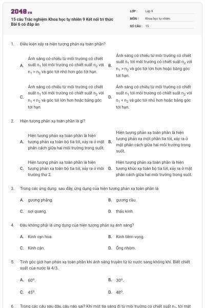 15 câu Trắc nghiệm Khoa học tự nhiên 9 Kết nối tri thức Bài 6 có đáp án