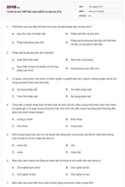 10 Đề thi thử THPTQG môn GDCD có đáp án (P4)