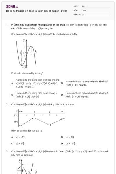 Bộ 10 đề thi giữa kì 1 Toán 12 Cánh diều có đáp án - Đề 07
