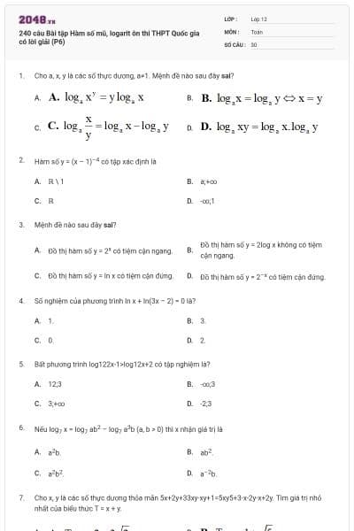 240 câu Bài tập Hàm số mũ, logarit ôn thi THPT Quốc gia có lời giải (P6)