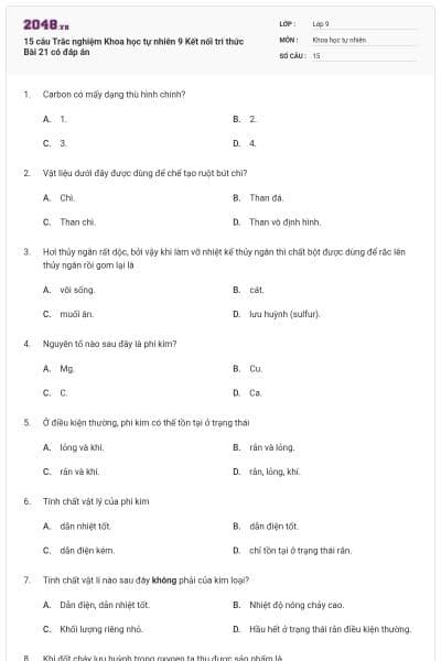 15 câu Trắc nghiệm Khoa học tự nhiên 9 Kết nối tri thức Bài 21 có đáp án