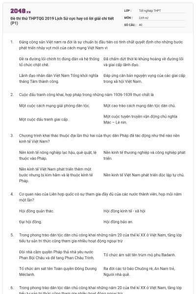 Đề thi thử THPTQG 2019 Lịch Sử cực hay có lời giải chi tiết (P1)