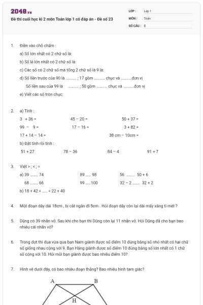 Đề thi cuối học kì 2 môn Toán lớp 1 có đáp án - Đề số 23