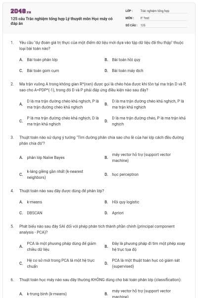 125 câu Trắc nghiệm tổng hợp Lý thuyết môn Học máy có đáp án