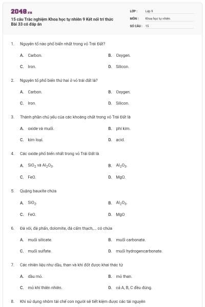 15 câu Trắc nghiệm Khoa học tự nhiên 9 Kết nối tri thức Bài 33 có đáp án