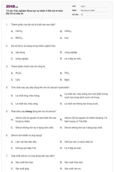 15 câu Trắc nghiệm Khoa học tự nhiên 9 Kết nối tri thức Bài 34 có đáp án